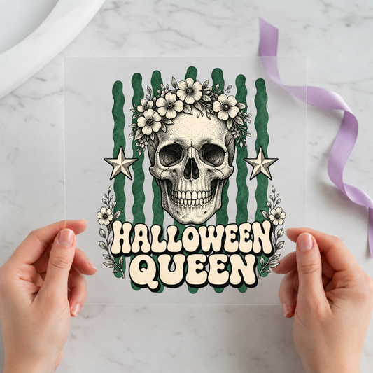Halloween Queen Floral Skull individual product photo included in the Retro Halloween five-pack DTF transfer bundle