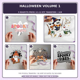 Halloween Volume 1 five-pack 12x12 ready-to-press DTF transfer bundle collage showing all five included designs