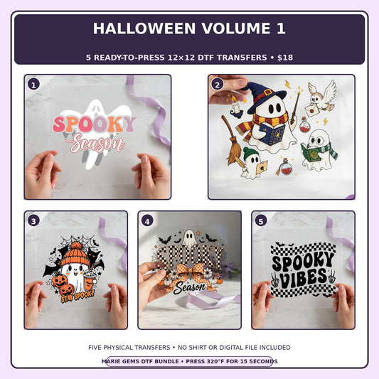 Halloween Volume 1 five-pack 12x12 ready-to-press DTF transfer bundle collage showing all five included designs