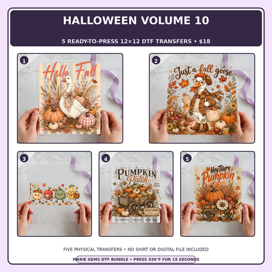 Halloween Volume 10 five-pack 12x12 ready-to-press DTF transfer bundle collage showing all five included designs
