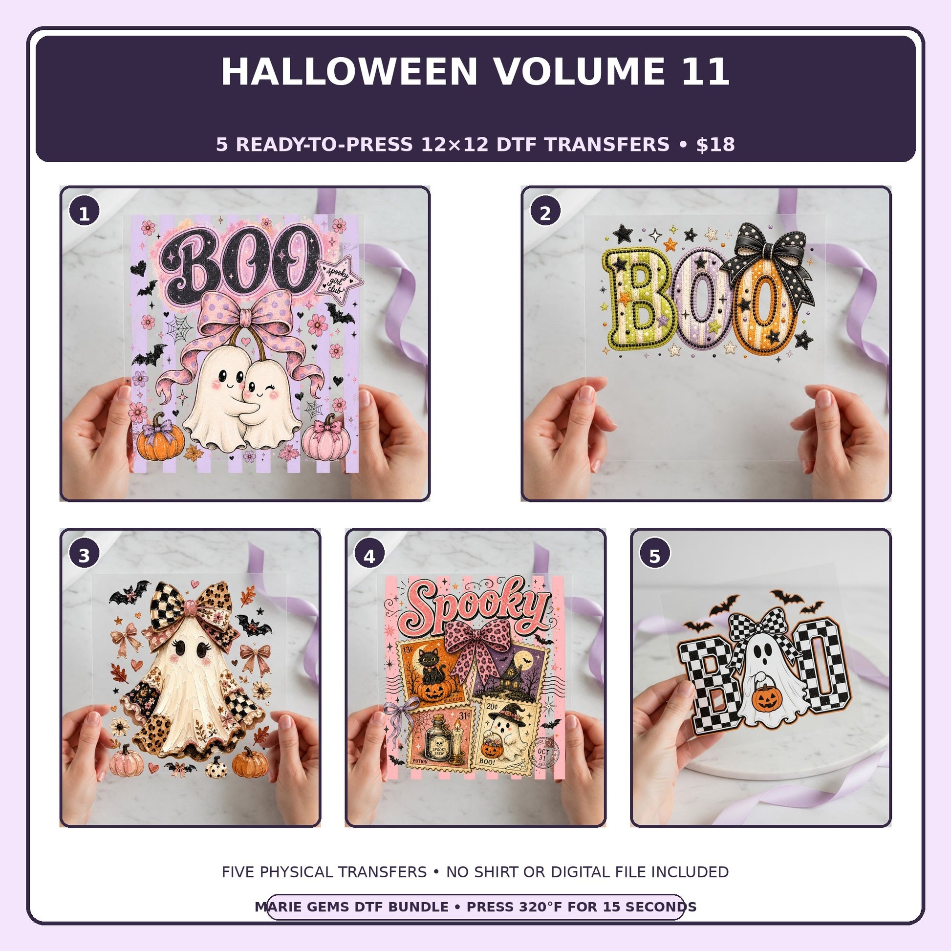 Halloween Volume 11 five-pack 12x12 ready-to-press DTF transfer bundle collage showing all five included designs