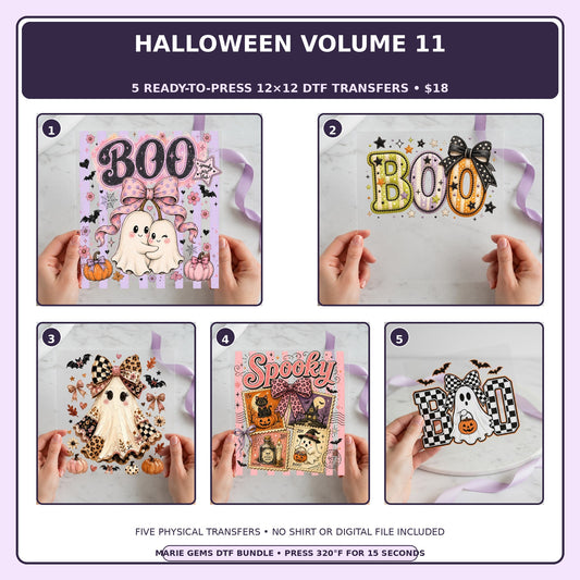 Halloween Volume 11 five-pack 12x12 ready-to-press DTF transfer bundle collage showing all five included designs