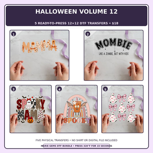 Halloween Volume 12 five-pack 12x12 ready-to-press DTF transfer bundle collage showing all five included designs