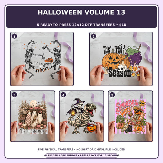 Halloween Volume 13 five-pack 12x12 ready-to-press DTF transfer bundle collage showing all five included designs