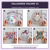 Halloween Volume 14 five-pack 12x12 ready-to-press DTF transfer bundle collage showing all five included designs