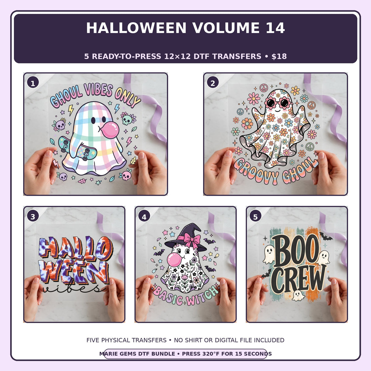 Halloween Volume 14 five-pack 12x12 ready-to-press DTF transfer bundle collage showing all five included designs