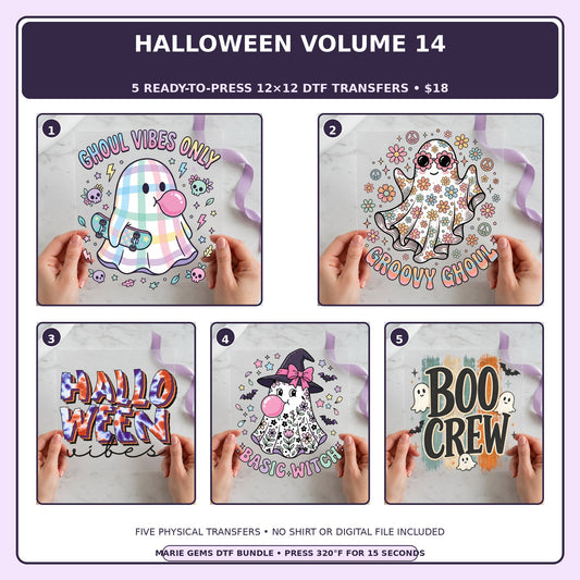 Halloween Volume 14 five-pack 12x12 ready-to-press DTF transfer bundle collage showing all five included designs
