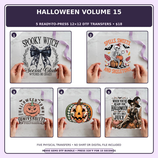 Halloween Volume 15 five-pack 12x12 ready-to-press DTF transfer bundle collage showing all five included designs