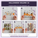 Halloween Volume 16 five-pack 12x12 ready-to-press DTF transfer bundle collage showing all five included designs