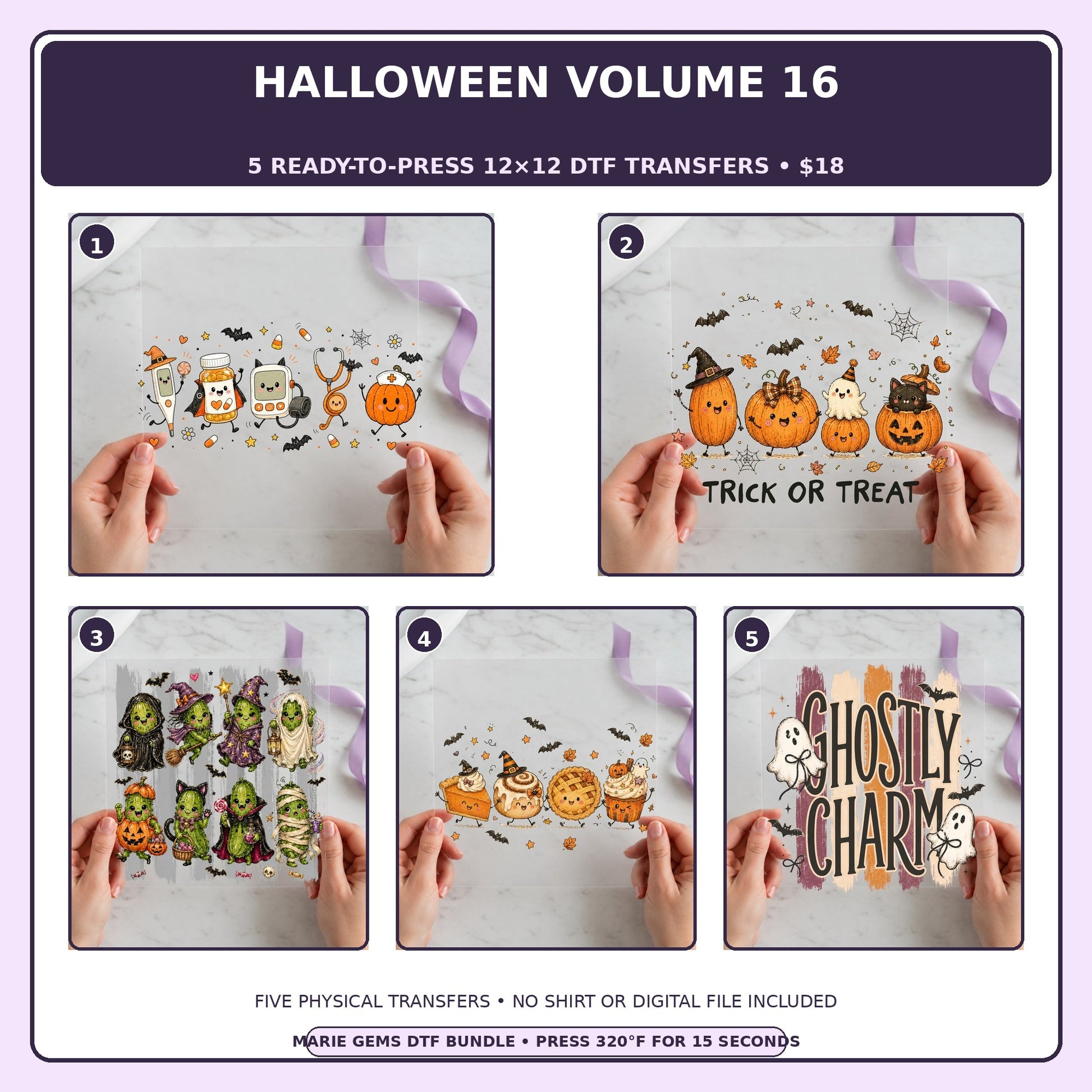 Halloween Volume 16 five-pack 12x12 ready-to-press DTF transfer bundle collage showing all five included designs