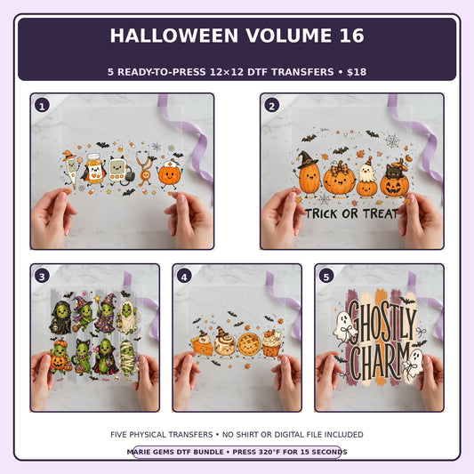 Halloween Volume 16 five-pack 12x12 ready-to-press DTF transfer bundle collage showing all five included designs