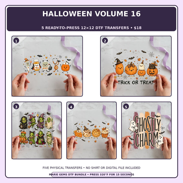 Halloween Volume 16 five-pack 12x12 ready-to-press DTF transfer bundle collage showing all five included designs