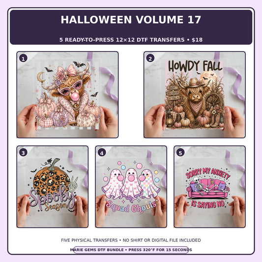 Halloween Volume 17 five-pack 12x12 ready-to-press DTF transfer bundle collage showing all five included designs