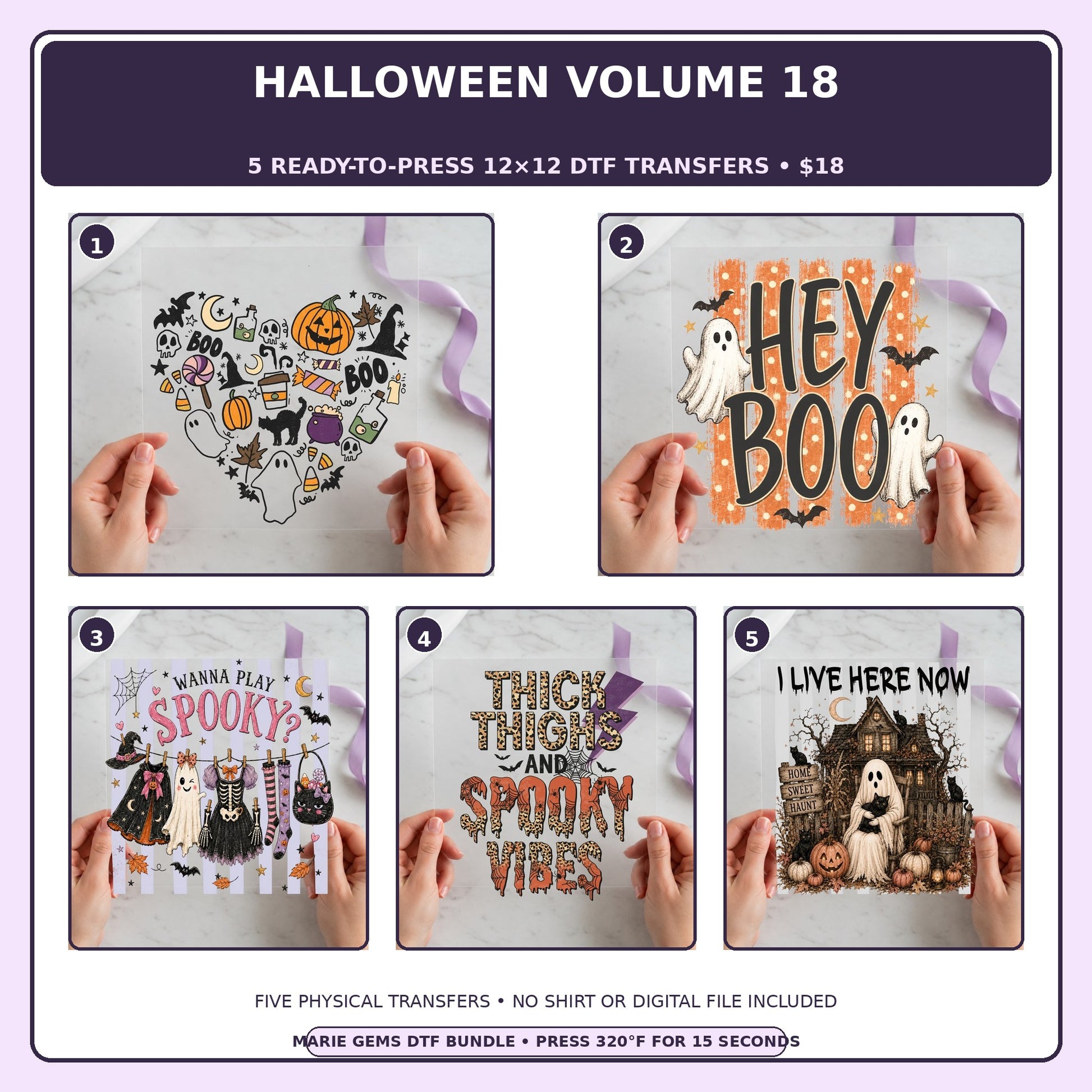 Halloween Volume 18 five-pack 12x12 ready-to-press DTF transfer bundle collage showing all five included designs