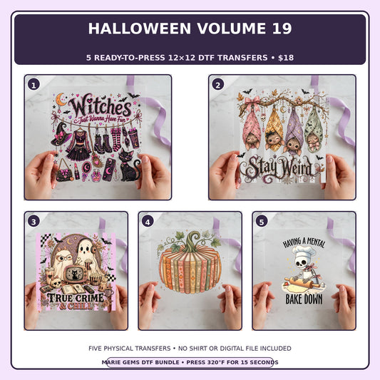 Halloween Volume 19 five-pack 12x12 ready-to-press DTF transfer bundle collage showing all five included designs