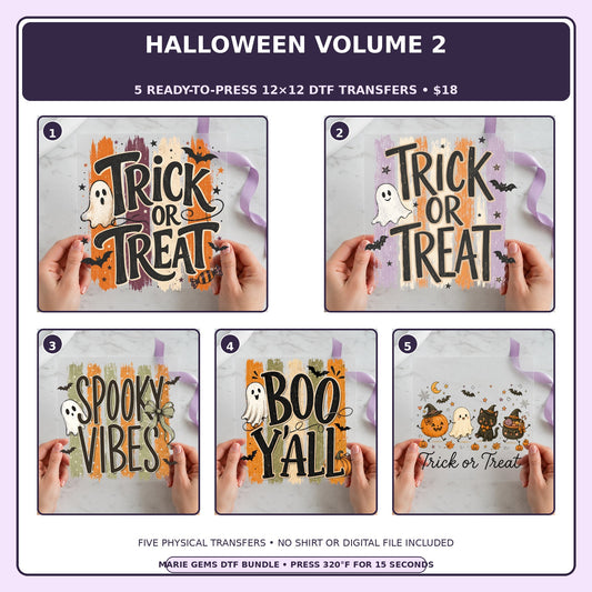 Halloween Volume 2 five-pack 12x12 ready-to-press DTF transfer bundle collage showing all five included designs