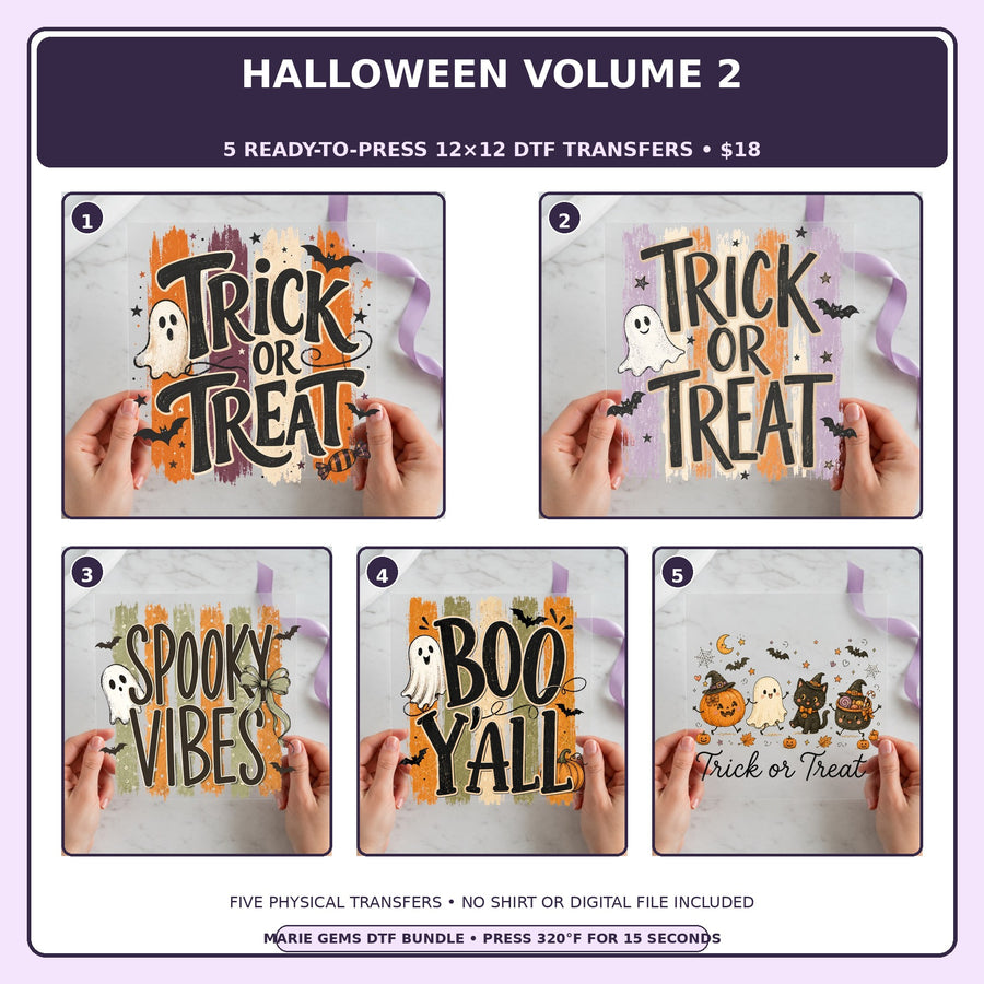 Halloween Volume 2 five-pack 12x12 ready-to-press DTF transfer bundle collage showing all five included designs