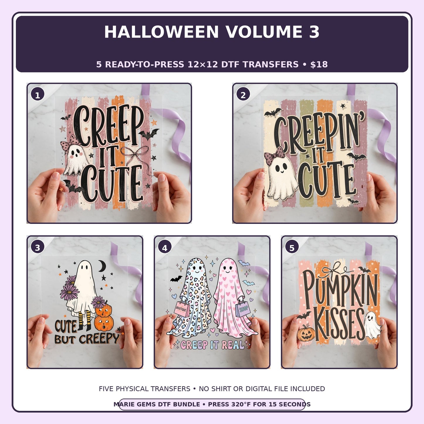 Halloween Volume 3 five-pack 12x12 ready-to-press DTF transfer bundle collage showing all five included designs