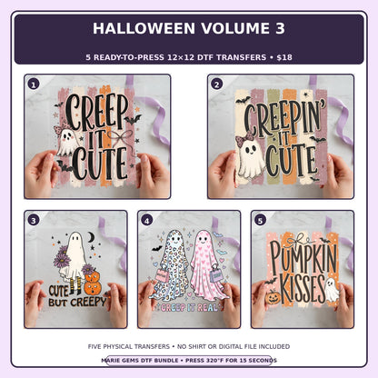 Halloween Volume 3 five-pack 12x12 ready-to-press DTF transfer bundle collage showing all five included designs