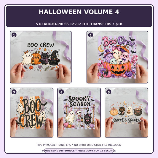 Halloween Volume 4 five-pack 12x12 ready-to-press DTF transfer bundle collage showing all five included designs