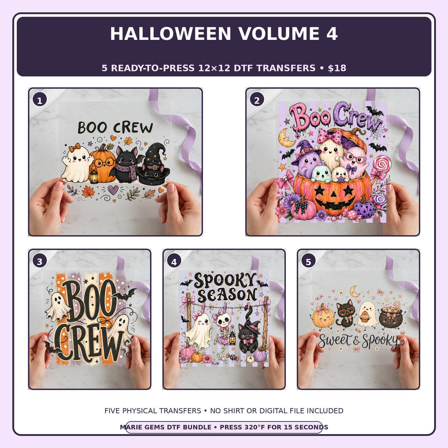 Halloween Volume 4 five-pack 12x12 ready-to-press DTF transfer bundle collage showing all five included designs
