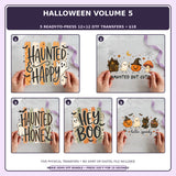 Halloween Volume 5 five-pack 12x12 ready-to-press DTF transfer bundle collage showing all five included designs