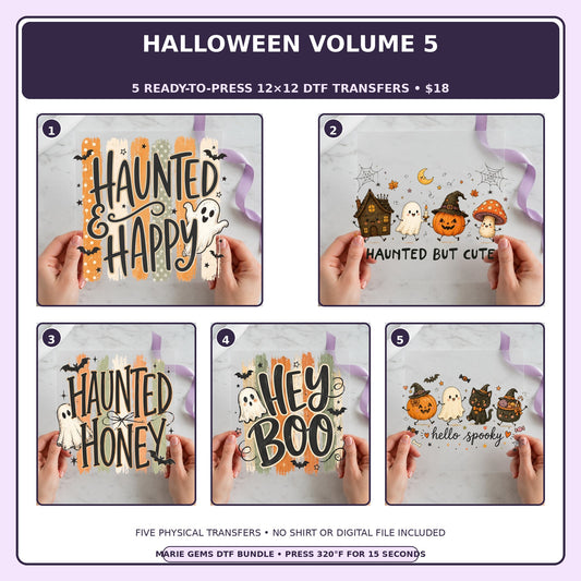 Halloween Volume 5 five-pack 12x12 ready-to-press DTF transfer bundle collage showing all five included designs