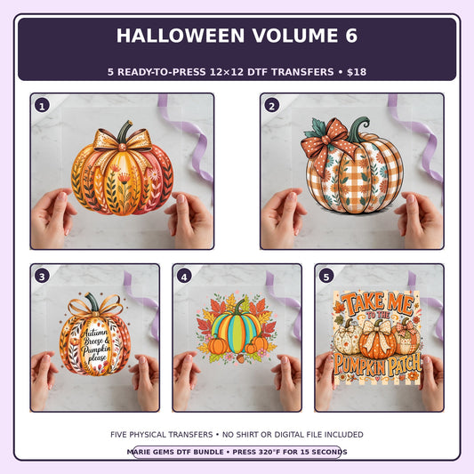 Halloween Volume 6 five-pack 12x12 ready-to-press DTF transfer bundle collage showing all five included designs