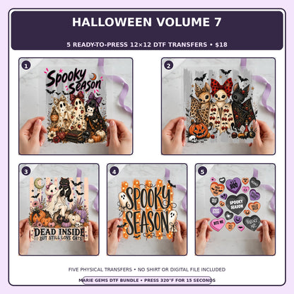 Halloween Volume 7 five-pack 12x12 ready-to-press DTF transfer bundle collage showing all five included designs