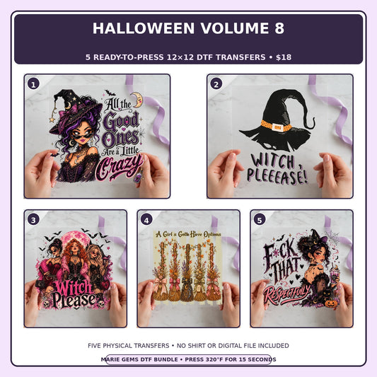 Halloween Volume 8 five-pack 12x12 ready-to-press DTF transfer bundle collage showing all five included designs
