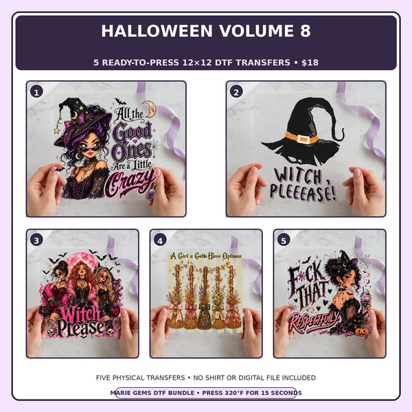 Halloween Volume 8 five-pack 12x12 ready-to-press DTF transfer bundle collage showing all five included designs