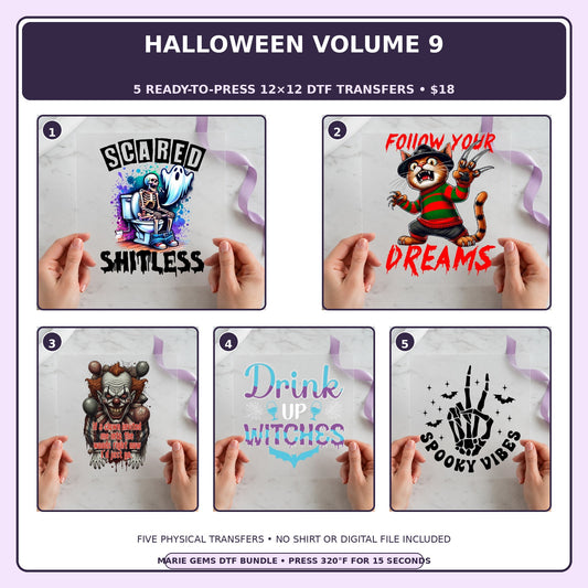 Halloween Volume 9 five-pack 12x12 ready-to-press DTF transfer bundle collage showing all five included designs
