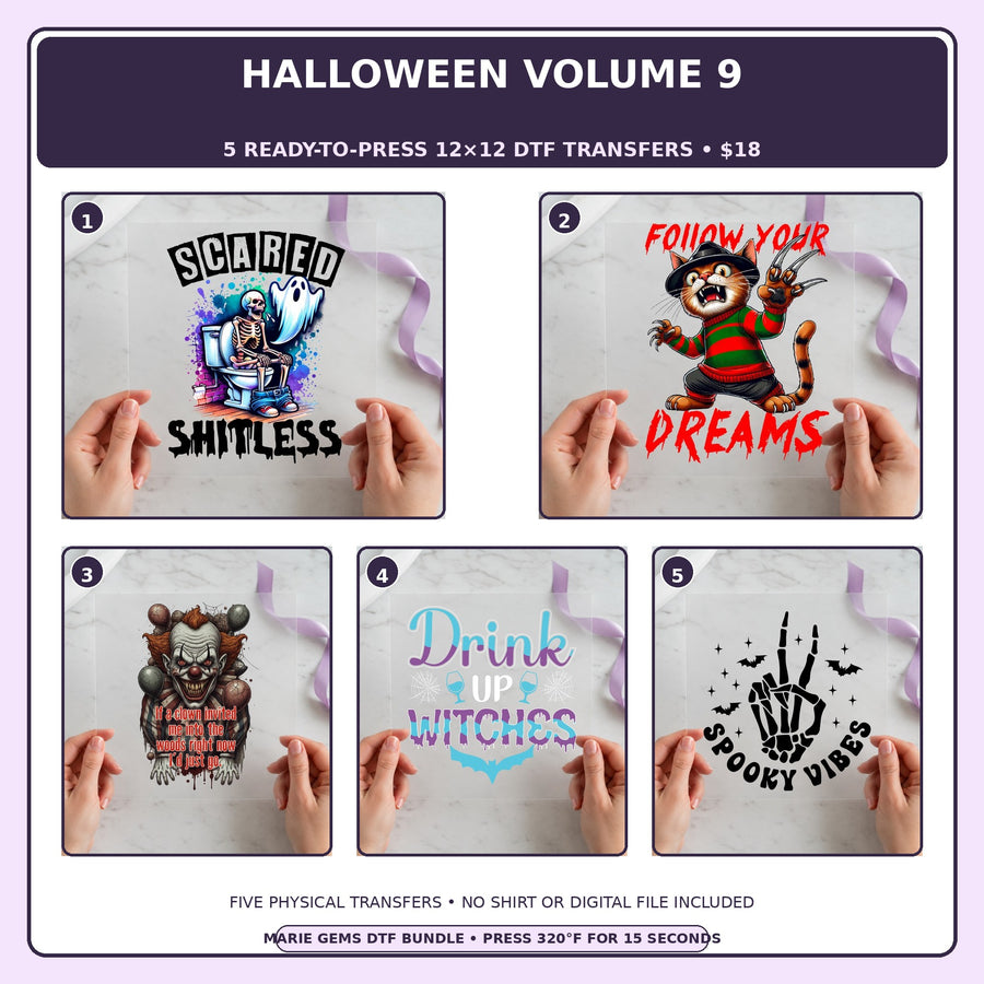Halloween Volume 9 five-pack 12x12 ready-to-press DTF transfer bundle collage showing all five included designs