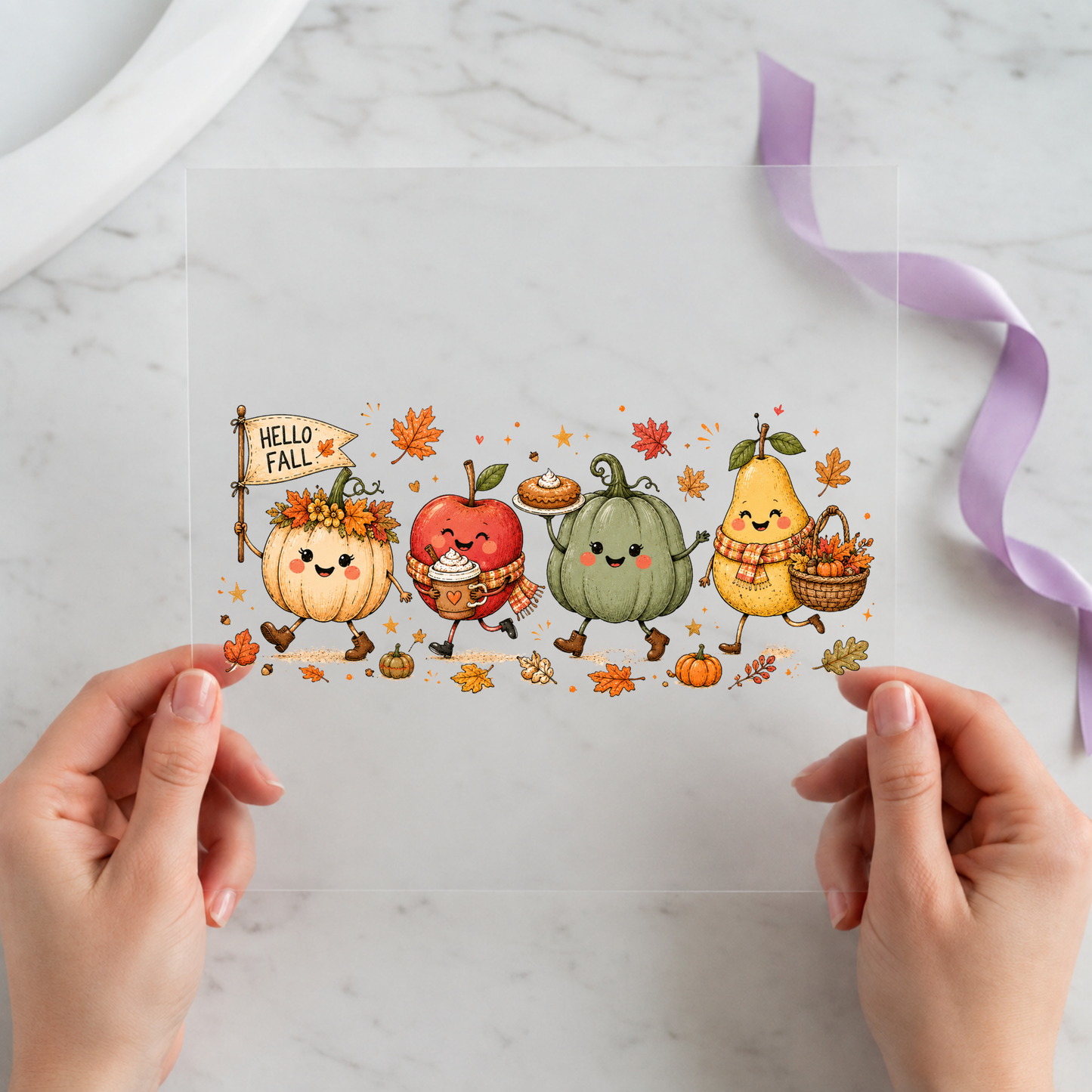 Hello Fall Cute Harvest Parade featuring smiling pumpkin, apple, acorn, candy corn and coffee characters on a 12x12 ready-to-press DTF heat transfer