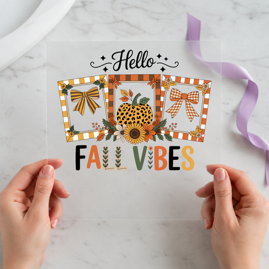 Hello Fall Vibes individual product photo included in the Fall & Pumpkin Volume 2 five-pack DTF transfer bundle