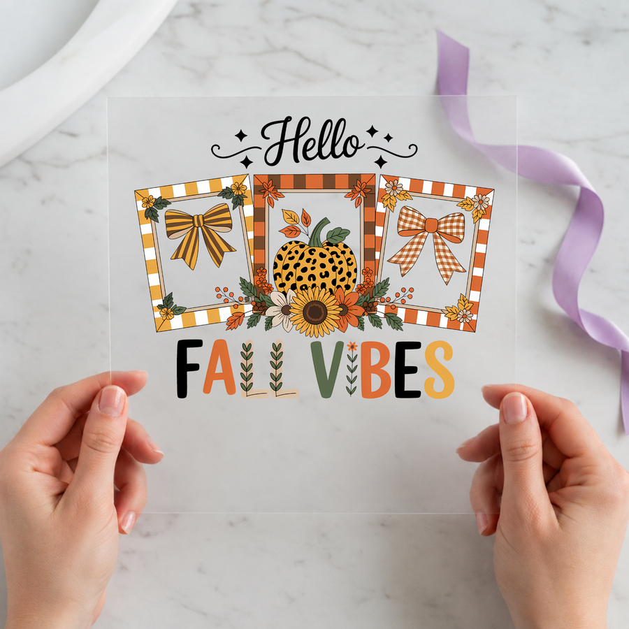 Hello Fall Vibes individual product photo included in the Fall & Pumpkin Volume 2 five-pack DTF transfer bundle