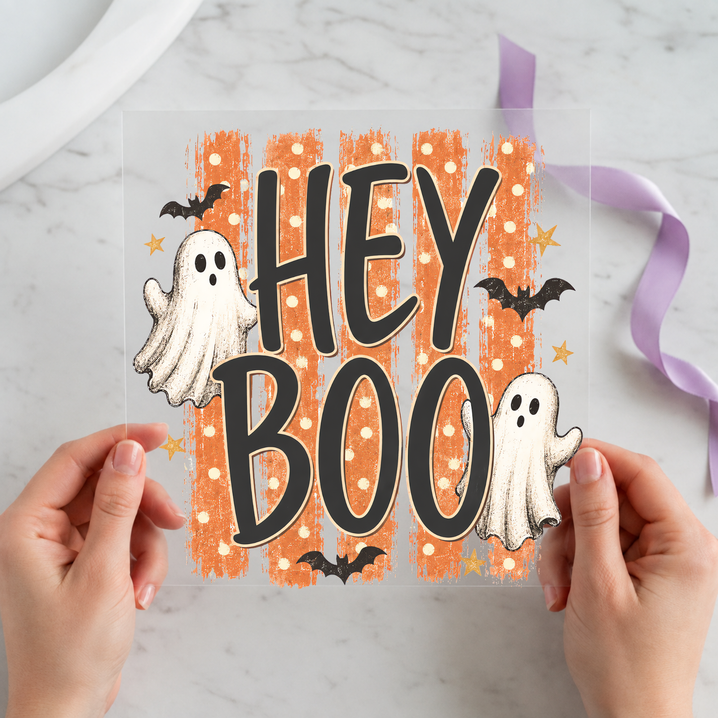 Hey Boo Retro Ghosts featuring large Hey Boo lettering with two friendly ghosts and stars on a 12x12 ready-to-press DTF heat transfer