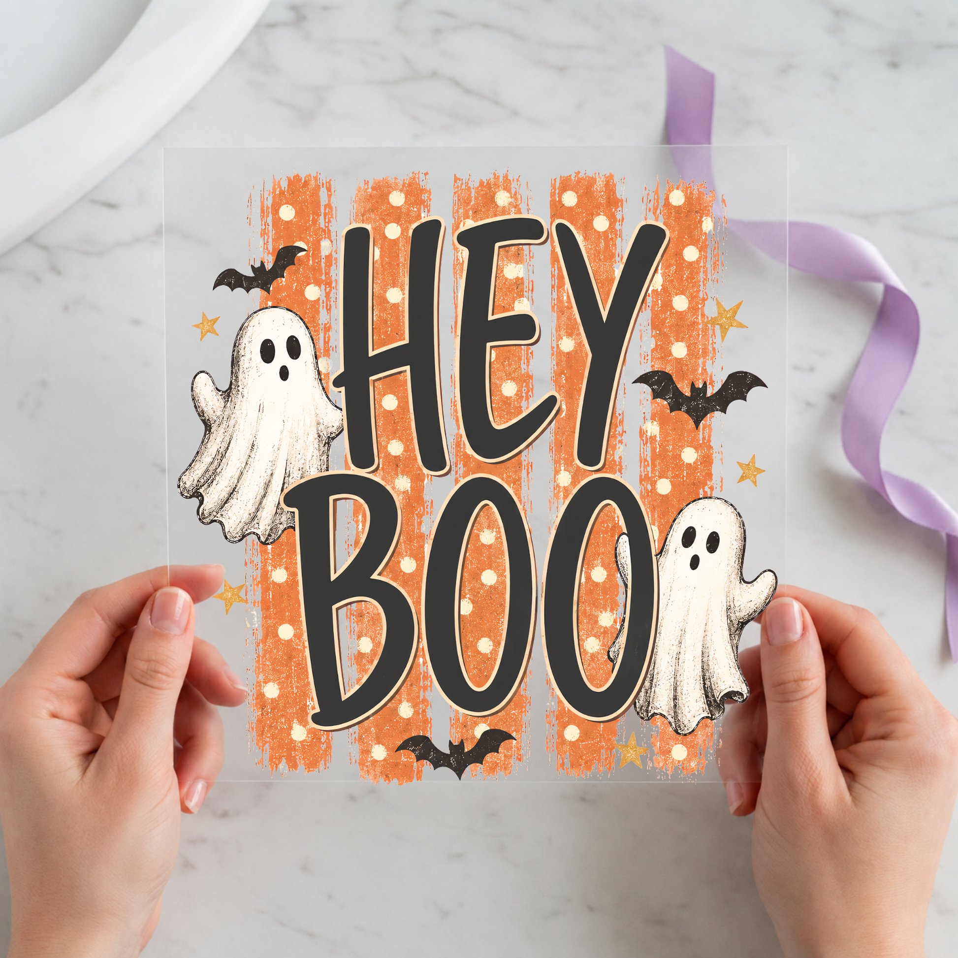 Hey Boo Retro Ghosts featuring large Hey Boo lettering with two friendly ghosts and stars on a 12x12 ready-to-press DTF heat transfer