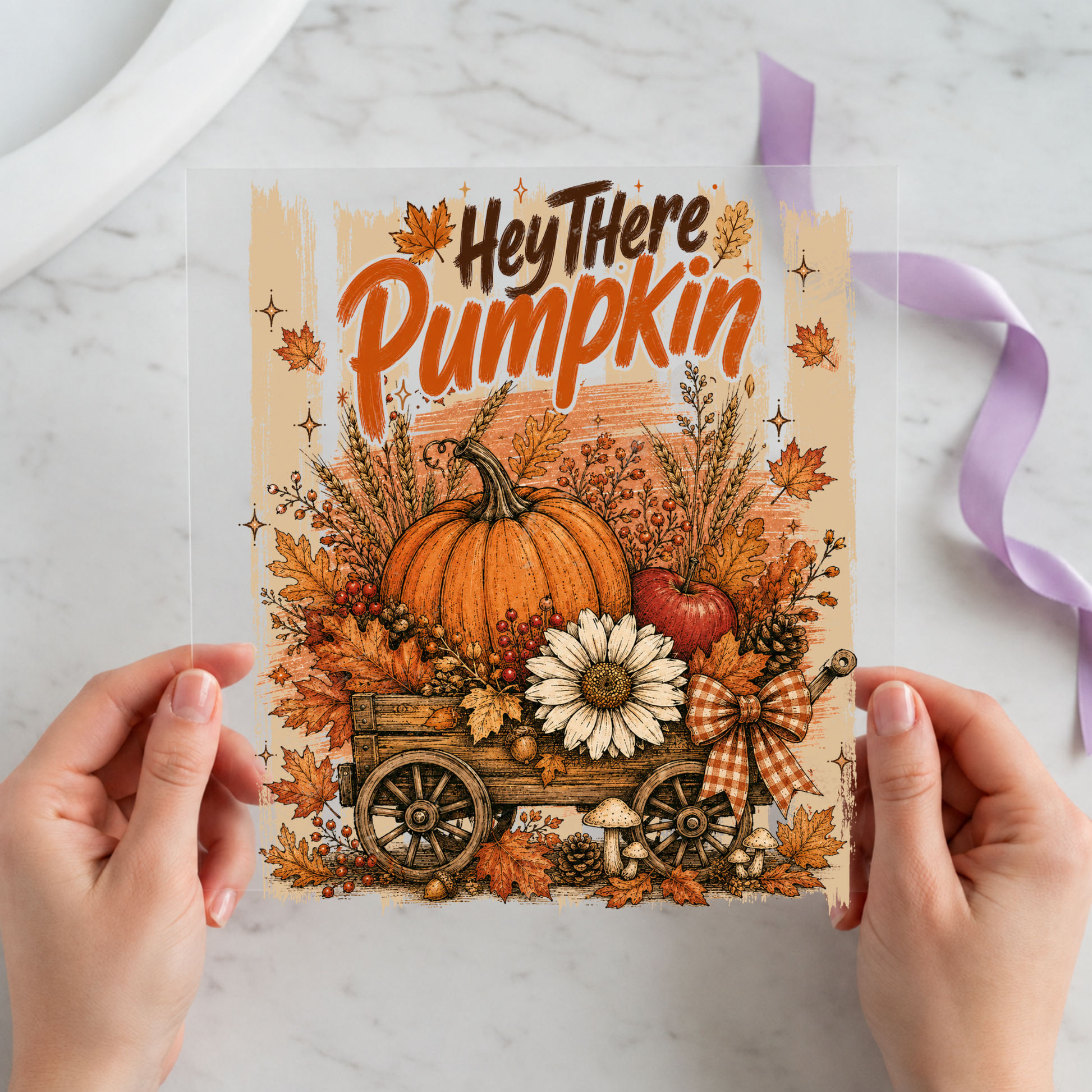 Hey There Pumpkin Wagon featuring vintage wagon overflowing with pumpkins, flowers and leaves on a 12x12 ready-to-press DTF heat transfer