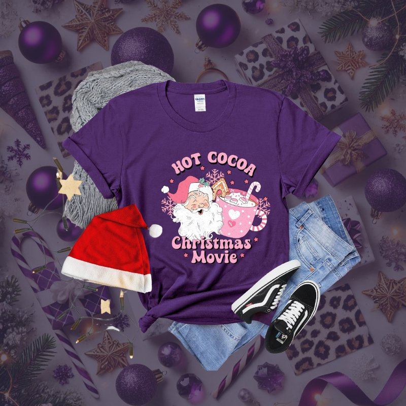 Hot Cocoa & Christmas Movies" Gildan T-Shirt - Purple & Black (S - 3XL) - Marie Gems