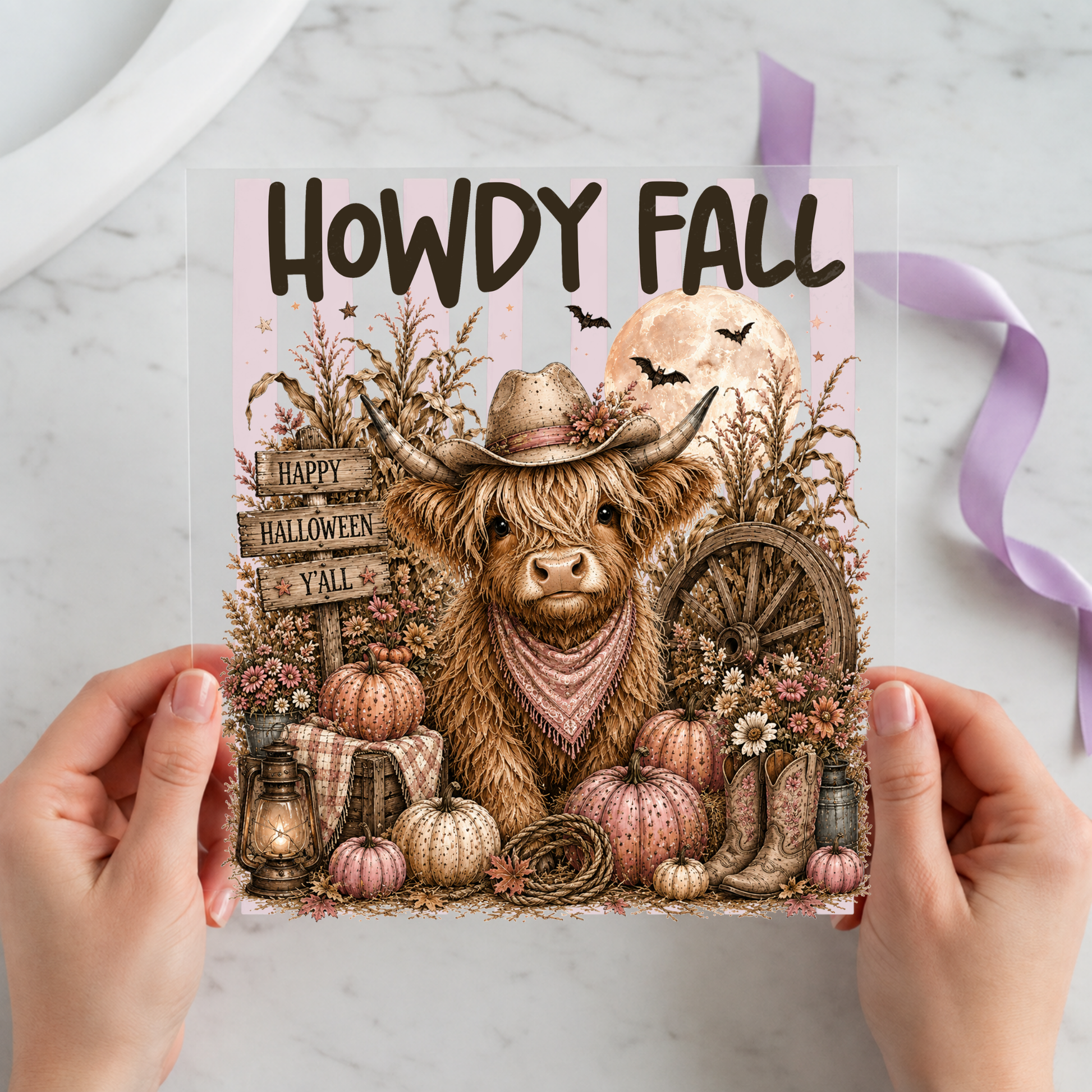 Howdy Fall Highland Cow featuring fluffy highland cow in a hat surrounded by pumpkins, florals and lanterns on a 12x12 ready-to-press DTF heat transfer