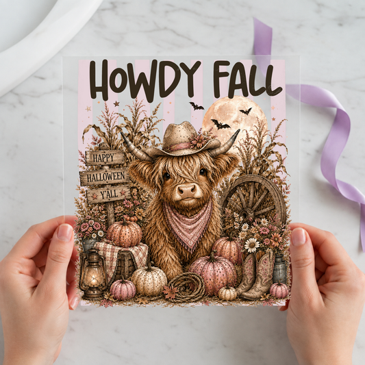 Howdy Fall Highland Cow individual product photo included in the Halloween Volume 17 five-pack DTF transfer bundle