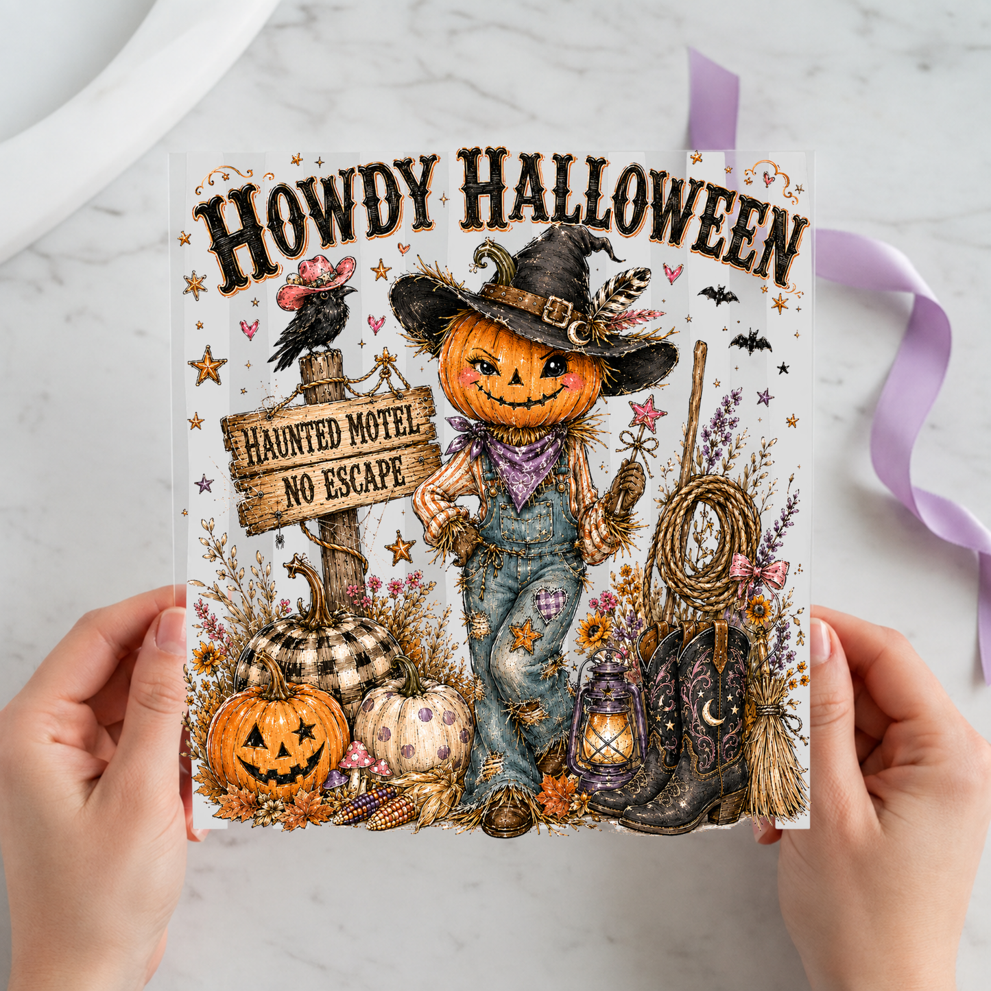 Howdy Halloween Scarecrow featuring cowboy-hat scarecrow beside haunted motel sign, pumpkins and lanterns on a 12x12 ready-to-press DTF heat transfer