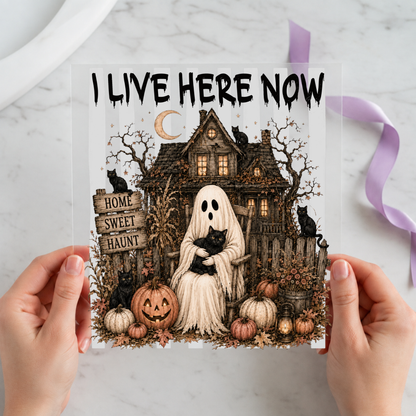 I Live Here Now Haunted House individual product photo included in the Halloween Volume 18 five-pack DTF transfer bundle