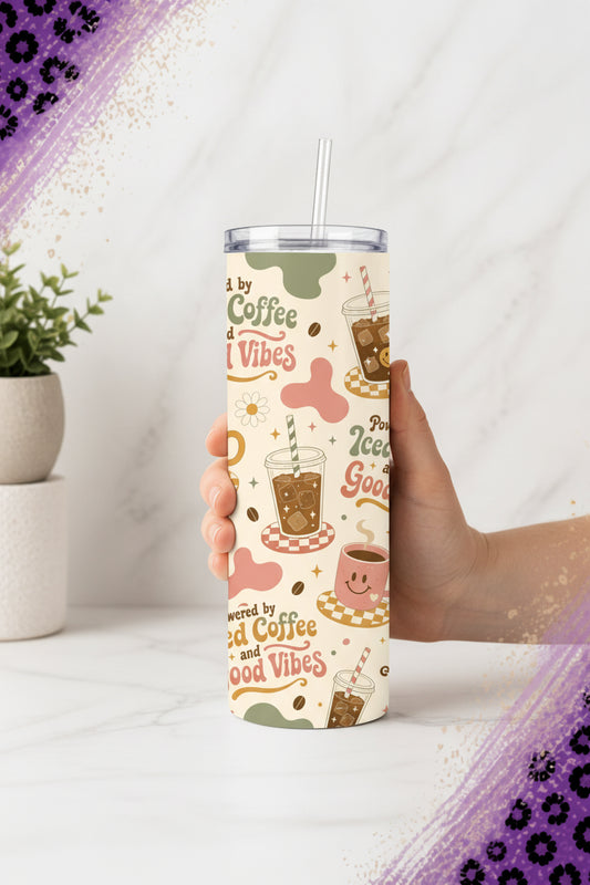 Iced Coffee and Good Vibes 20 oz Stainless Steel Tumbler showing iced coffee and good vibes tumbler artwork with 20 oz skinny tumbler, iced coffee tumbler, coffee lover gift