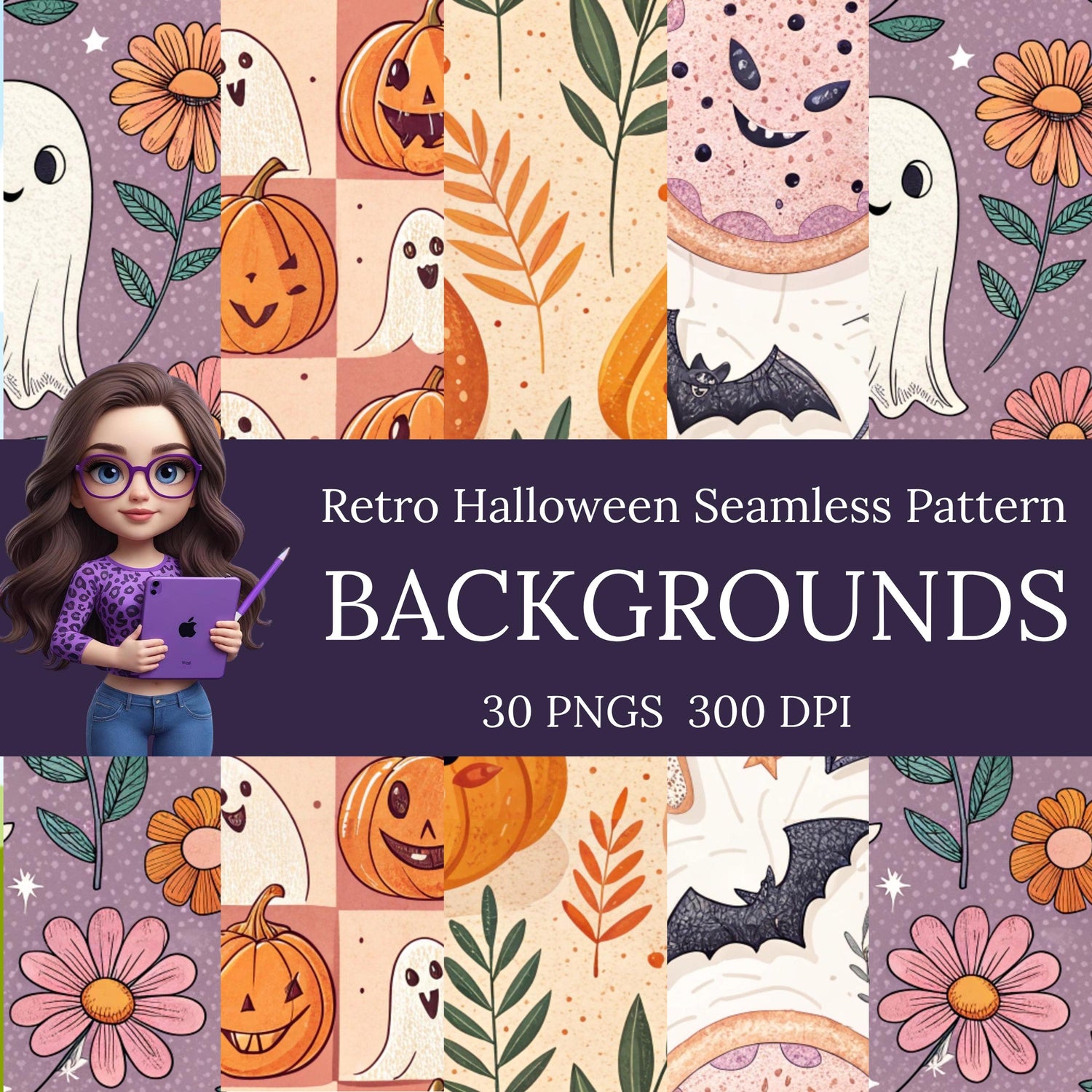 Halloween Seamless Files, Cute Ghost Seamless, Skull Seamless, Pumpkin Seamless, Spooky Halloween Pattern
