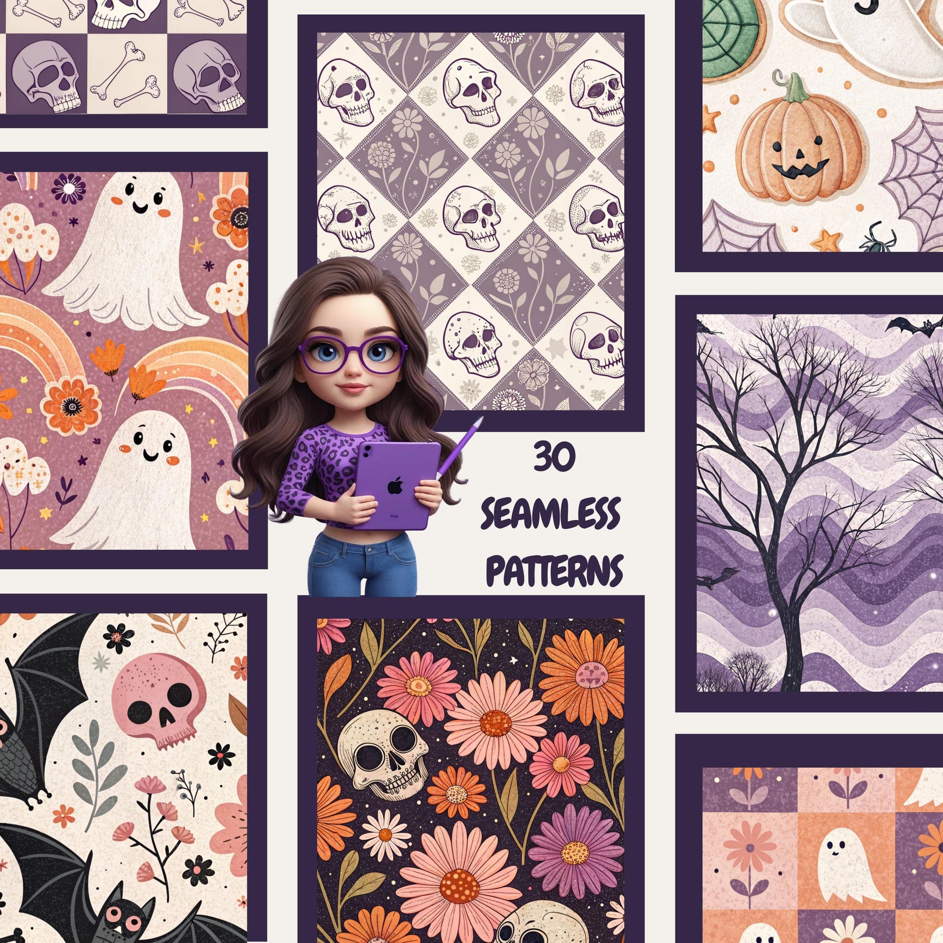 Halloween Seamless Files, Cute Ghost Seamless, Skull Seamless, Pumpkin Seamless, Spooky Halloween Pattern