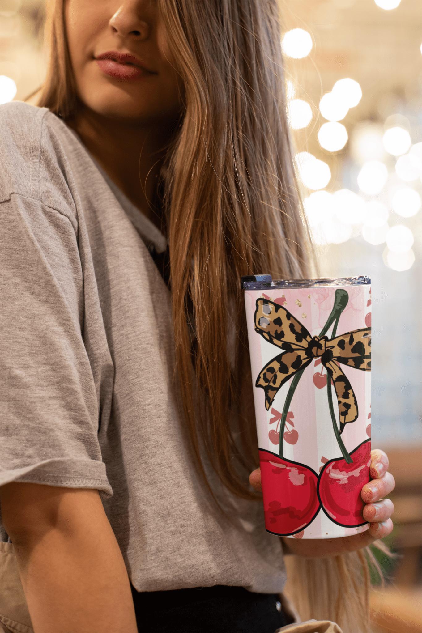 Watercolor Coquette Cherries 20oz Tumbler - Insulated Stainless Steel - Leopard Print Bow