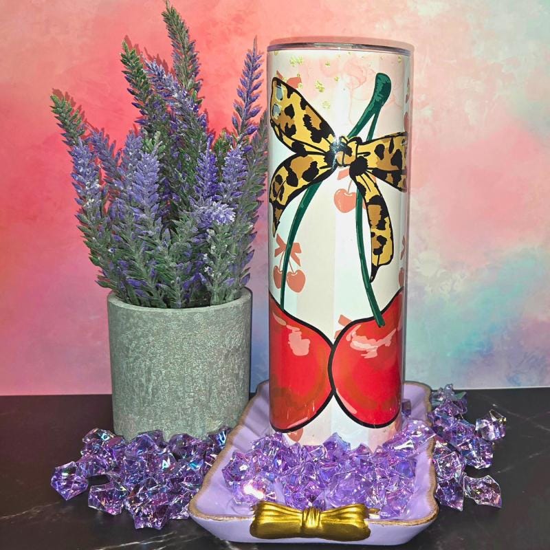 Watercolor Coquette Cherries 20oz Tumbler - Insulated Stainless Steel - Leopard Print Bow