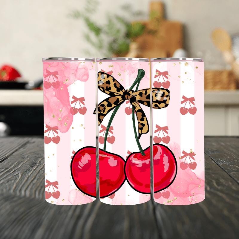 Watercolor Coquette Cherries 20oz Tumbler - Insulated Stainless Steel - Leopard Print Bow